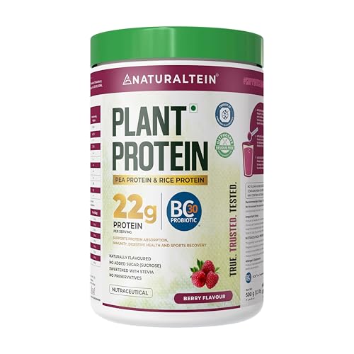 NATURALTEIN Plant Protein Powder | Pea & Rice Protein 22g | Berry Flavour | Vegan with BC30 Probiotic | Sugar-Free, Stevia Sweetened | Immunity & Digestive Health