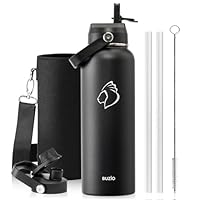 BUZIO 1180ml Insulated Water Bottle with Straw Lid and Flex Cap, 40oz Stainless Steel Drinking Bottle (Keep Cold 48 Hrs/Hot 24 Hrs) Metal Flask Leakproof Wide Mouth Thermo Canteen for Sports, Black