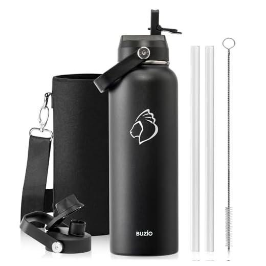BUZIO Stainless Steel Water Bottle (Cold for 48 Hrs, Hot for 24 Hrs), 40 oz Vacuum Insulated Water Bottle with Straw Lid and Flex Cap (Double Wall, Wide Mouth, BPA Free, Leak Proof, Sweat Free), Black