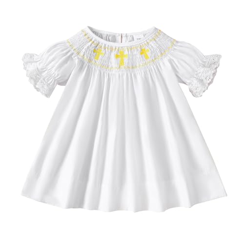 KMBANGI Newborn Infant Baby Girl Easter Dress Puff Lace Short Sleeve Smocked Crosses Dress Baptism Outfit Princess 0-18M (White, 0-3 Months)