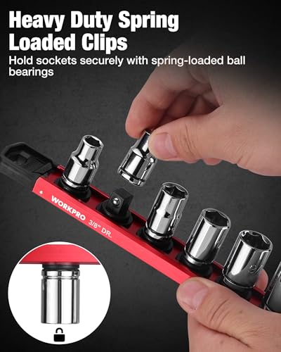 Image of WORKPRO Magnetic Socket Organizer, 3 /8 inch Drive Aluminum Alloy Socket Holder with 10PC Removable Clips for Quick Customization, Sockets Rail for Tool Box Drawer (Sockets Not Included)