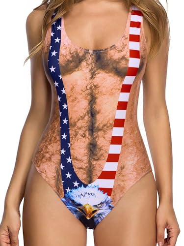 Image of uideazone Women Funny Chest Muscle Deep V Backless One Piece Bathing Suit | Color Block Butt Lifting Swimsuits High Stretch Quick Dry Breathable Monokini Removable Pads for Beach Pool Vacation Party