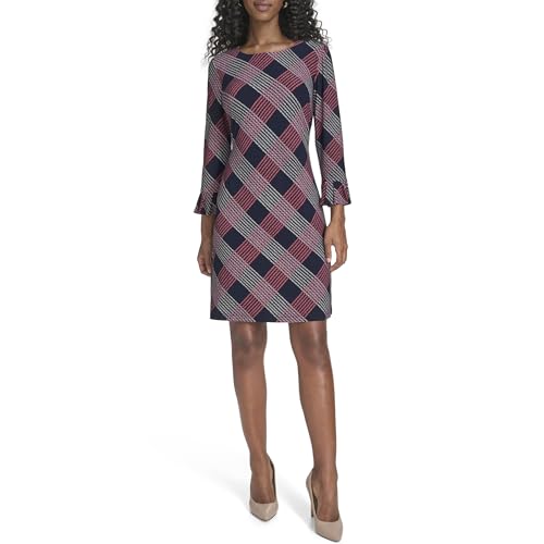 Image of Tommy Hilfiger Women's 3 /4 Ruffle Trim Sleeve Round Neck Jersey Shift Mini Dress