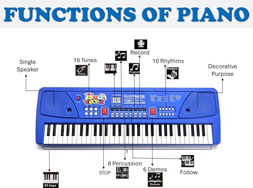 Image of Piano Keyboard with Mic | 61 Keys, 10 Rhythms, 16 Tones, 6 Demo Songs & 8 Percussions | Electronic Musical Toy for Boys & Girls | Educational & Recording Keyboard for Beginners Blue
