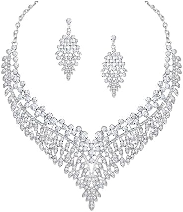 Atasi International AD Crystal Diamond Silver Plated Stylish Necklace Jewellery Set with Earrings for Womens and Girls, Perfect for Parties and Festive Occasion (R5986)
