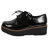 Soda Women's Jimbo Crinkle Oxford Lace Up Lug Platform Wedge Shoes, Black, 7 M US