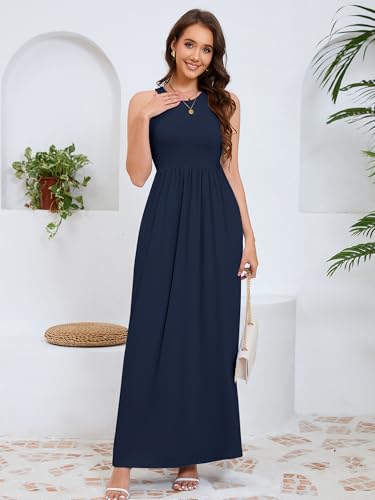 Image of DEARCASE Women's Sleeveless Maxi Dress Casual Plain Loose Summer Vacation Beach Long Dresses with Pockets