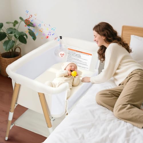 Image of JevrJeur Baby Bassinet, 3 in 1 Bedside Bassinet Sleeper for Newborn, Portable Baby Crib with 4 Detachable Wheels & Adjustable Height, Breathable Mesh & Mattress, Mosquito Net& Storage Basket (White)