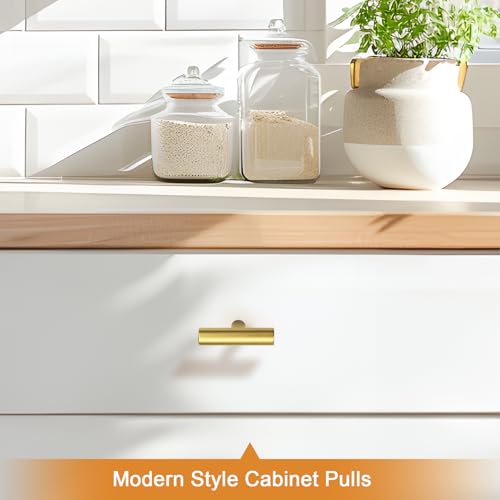 Image of Probrico 5 Pack Euro Style Gold Cabinet Knobs, Single Hole Stainless Steel Kitchen Cabinet Handles Round T Bar Dresser Drawer Cupboard Hardware, 2 Inch Total Length