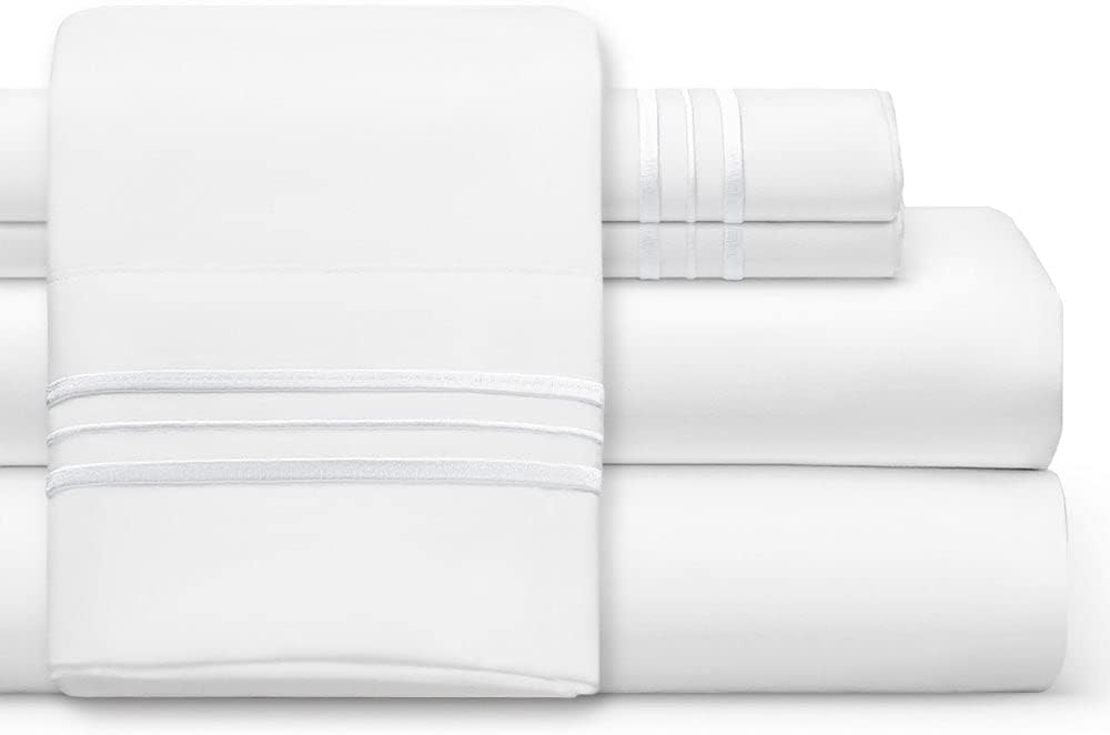 Luxury Queen Sized Bed Sheets and Pillow Cases Set, 1800 Thread Count Deep Pocket, White