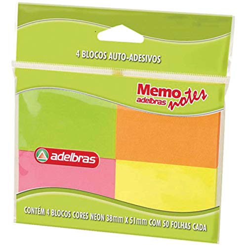 Bloco de Recado Adesivo Memonote, Cores Neon, 38x51 mm, 50 Folhas, Adelbras