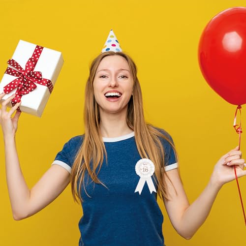 Sweet 16 Tinplate Badge Pin, Sweet Sixteen Button Pin, Rose Gold Crown Happy Birthday White Rosette Badge Pin for Girl, Diamond Brooch Buttons for 16th Birthday Party4