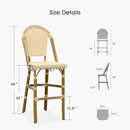 Image of PURPLE LEAF French Bar Stool Set of 2 Bamboo Print Finish Patio Bar Stools with Back Rattan Bar Chairs Wicker Bar Height Stool 30 inch with Footrest Kitchen Island Stools Outdoor Barstool Cream Yellow