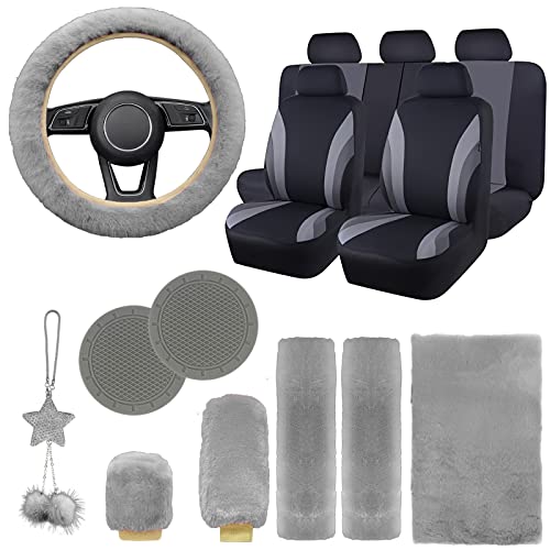 JINGSEN 17 Car Seat Cover Full Set for Women, Universal Car Seat Cover, Plush Steering Wheel Cover, Fluffy Soft Wool Handbrake Gear, Suspension Accessories Full SUV(Gray)