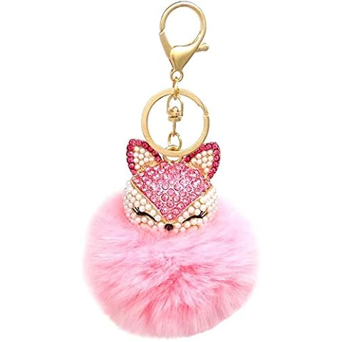 Pom Pom Ball Keyring Rhinestone Fox Head Car Bag Charm Phone Decoration Christmas Gift Cover