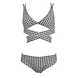 Single's Inferno Freezia Song Ji A Same Style Sexy Vintage Black White Houndstooth Bikini Set Swimsuit Wrap Bath Suit (Black Checkered,M,Adult,Medium,Regular,Sexy,Plaid,Regular)