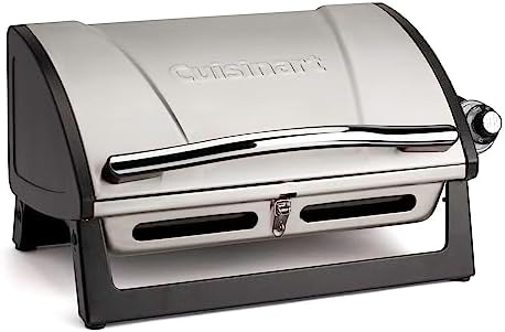 Cuisinart Grillster Portable Gas Grill, Stainless Steel Compact BBQ Grill with Locking Lid for Easy Transport, 8000 BTU Propane Grill with Dishwasher Safe Cooking Grate, Small Grill for Camping & BBQ