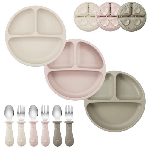 PandaEar 9-Piece Toddler Plates & Utensils Set, 3-Pack Suction Plates with 3 Spoons & 3 Forks, Silicone Baby Feeding Set