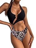 Hilinker Women's O Ring Cutout Halter One Piece Swimsuit Leopard Print Bathing Suit Black Leopard A