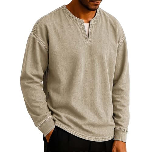 Mens Distressed Henley Shirts Vintage Casual Long Sleeve V Neck Pullover Sweatshirts Solid Color Washed T Shirts Khaki