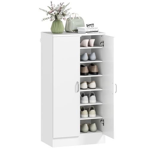 HOMCOM Schuhschrank mit 2 Türen, Schuhregal, Schuhaufbewahrung mit 6 Verstellbaren Ablagen Schuhkommode mit Soft-Close-Funktion für 14 Paar Schuhe 55 x 35 x 108 cm, Weiß