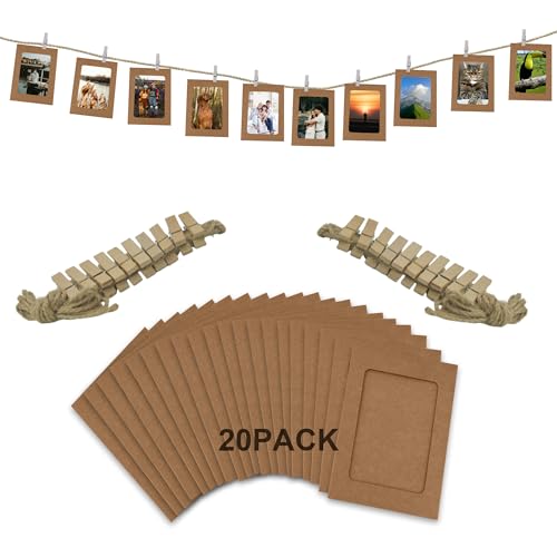 20 marcos de fotos de cartón de piel de vacuno con cuerda para colgar y estacas de madera para tu fotobanner, pared de fotos, guirnalda de fotos y decoraciones de eventos.