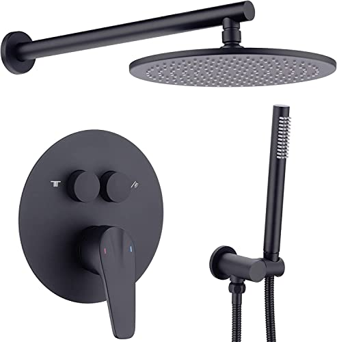Système de douche en laiton massif noir mat avec douche de tête ronde 12 pouces et valve luxe