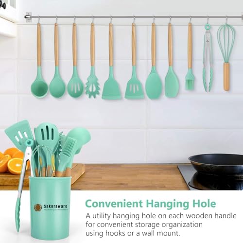 Image of Sakoraware Silicone Kitchen Utensils Spoon Spatula Cooking 12 Pcs Set | Baking Set | Non-Stick with Wooden Handle- BPA Free, Heat Resistant Item Flexible Non Toxic Silicon Cookware Tools with Holder