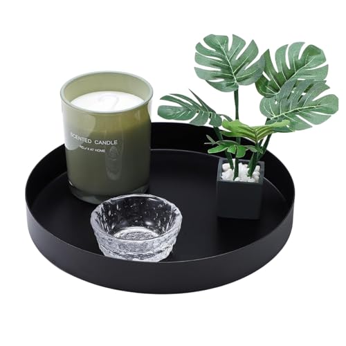 Bandeja decorativa, bandeja redonda negra, plato decorativo y bandeja decorativa de metal, bandeja para servir, bandeja versátil de metal, adecuada como decoración de mesa