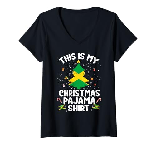 Womens This is My Christmas Pajama Shirt Jamaica Flag Tree Xmas V-Neck T-Shirt