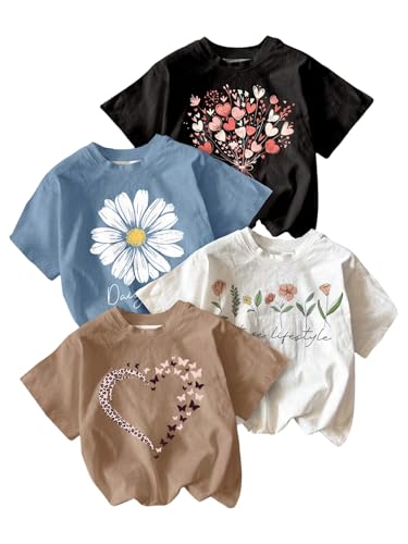 Girl's 4 Packs Graphic Tees Short Sleeve Floral Heart T Shirt Crew Neck Cute Tops