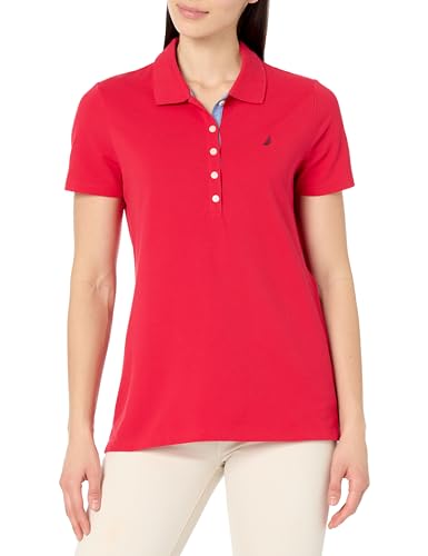 Nautica Women's Short Sleeve Cotton Polo Shirt, Red, L - image 1