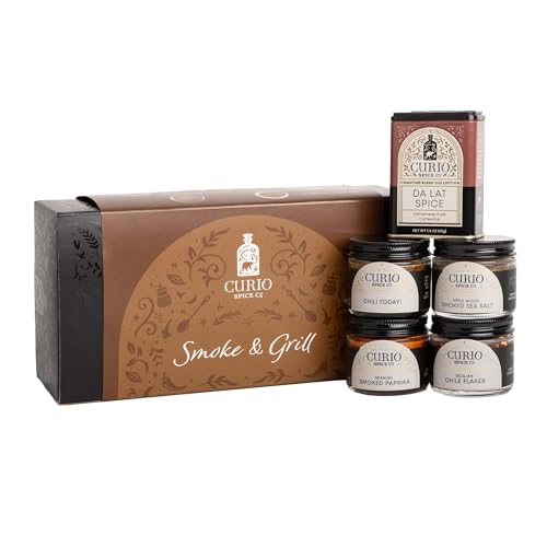 Curio Spice Co - Smoke & Grill Spice Gift Set - Great for Burgers, Tofu Steaks, Broiled Fish, or Corn Salad - Da Lat Spice, Chili, Maine Sea Salt, Paprika, Chile Flakes - Gift Sleeve w/Recipes