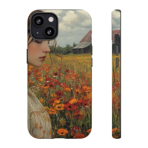 Coque iPhone 13 rigide mate champ de fleurs et grange rustique