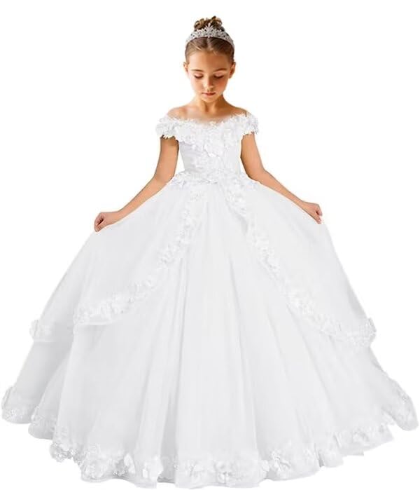 Off Shoulder Flower Girl Dresses for Wedding Lace Appliques Flower Girl Dress Tulle Pageant Dresses for Girls