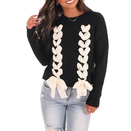 Image of Women Ribbon Sweater Cute Bow Tie Long Sleeve Knit Pullover Winter Casual Crew Neck Cable Knitted Top Streetwear