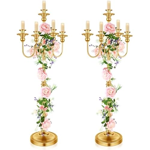 2 Pcs Gold Wedding Floor Candelabra 50 Inch Antique Led Candle Stand Metal 5 Arm Candelabra Centerpiece Decoration for 5 Candlesticks Bridal Shower Christmas Aisle Event Birthday Party Ceremony Home