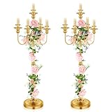2 Pcs Gold Wedding Floor Candelabra 50 Inch Antique Led Candle Stand Metal 5 Arm Candelabra Centerpiece Decoration for 5 Candlesticks Bridal Shower Christmas Aisle Event Birthday Party Ceremony Home