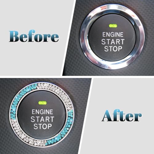 Image of ToBeQueen Teal Bling Push Start Button Cover Emblem Sticker, Crystal Diamond Rhinestone Blue Engine Start Ring Car Decor, White and Teal Bling Car Accessories for Women,Lake Blue