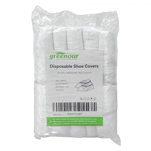 Greenour Shoe Covers Disposable 100 PCS (50 Pairs) Waterproof and Durable for Indoors Plastic Boot Covers White