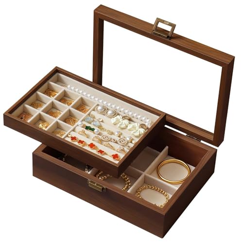 Zenthalis Walnut Wooden Jewellery Box for Women, 2-Layer Jewellery Organiser with High-Definition Glass Lid & Metal Lock, Large Capacity Soft Fleece Lined Storage Case for Rings Earrings Necklaces