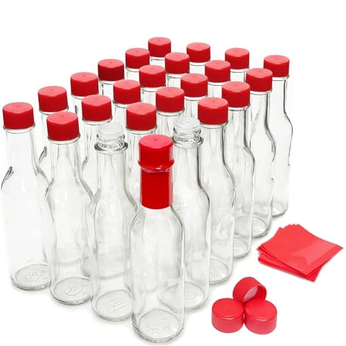 nicebottles Botellas de salsa picante con tapas rojas y bandas retráctiles, 5 onzas, paquete de 24