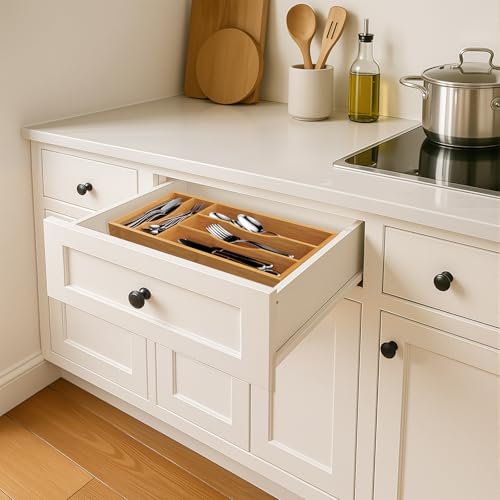Small Silverware Organizer, Bamboo Kitchen Drawer Cutlery Organizer, Utensil Holder, Flatware Organizer Tray (13.9\"x6.7\"x1.6\")