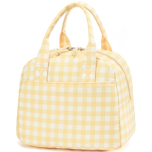 LOVELYWIND Lunch Box for Women,Insulated Lunch Bag,Yellow Plaid Tote 9L