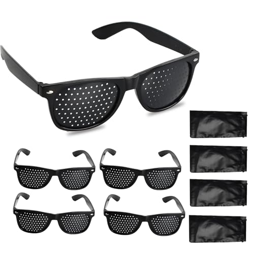 4 Pcs Pinhole Glasses with 4 Storage Bags, Grid Glasses With Small Holes, Eye Trainer Hole Grid Glasses for Eye Training Vision Improvement Relaxation for Children and Adults, Black