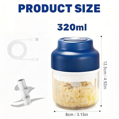 2026 Upgrade Electric Garlic Chopper Mini, 320 ml Small Garlic Chopper Mincer with 6 Stainless Steel Blades, Portable Rechargeable Cordless Chopper for Onion,Chili,Ginger,Nuts,Meat & Fruits (Blue)