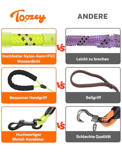 Toozey Schleppleine für Hunde - Wasserdicht & Reflektierend für Sicherheit - Leicht, Stark & Robust, Trainingsleine mit Handschlaufe, 5m/10m/15m/20m für Kleine, Mittlere & Große Hunde, Neon Gelb