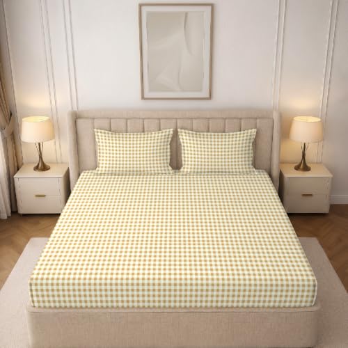 Image of MORADO Premium Glace Cotton 210 TC Double Bedsheet with 2 King Size Pillow Covers,90x100 Inches,Brown Check