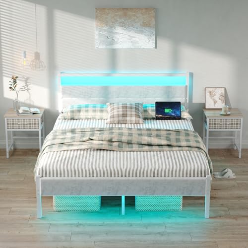 Full Bed Frames with Charging Station, LED Lights Bed with Grey Upholstered Headboard, Under Bed Storage, with Heavy Duty Slats Support, No Box Spring Needed, Noise Free, Easy Assembly, White - Thumbnail 7