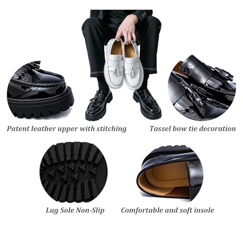 Men's Handmade Patent Leather Tassel Loafers Lug Sole Non-Slip Comfortable Wide Toe Platform Dress Leather Shoes for Business Formal Party Casual Office Work3